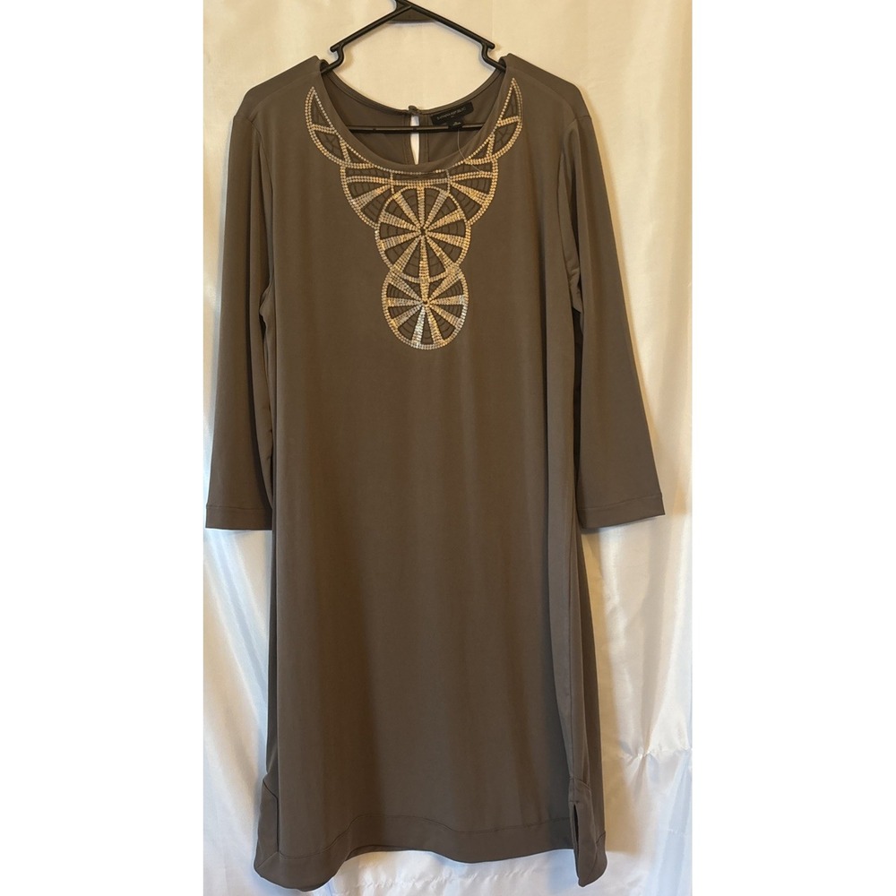 Banana Republic Women Embellished Shift Dress L Sleeve Stretch Taupe XL NWOT